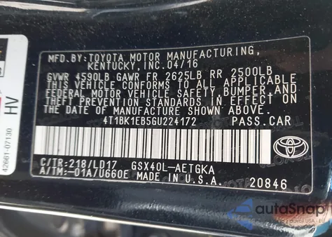 2016 Toyota Avalon Xle z USA, uszkodzony, nr VIN 4T1BK1EB5GU224172